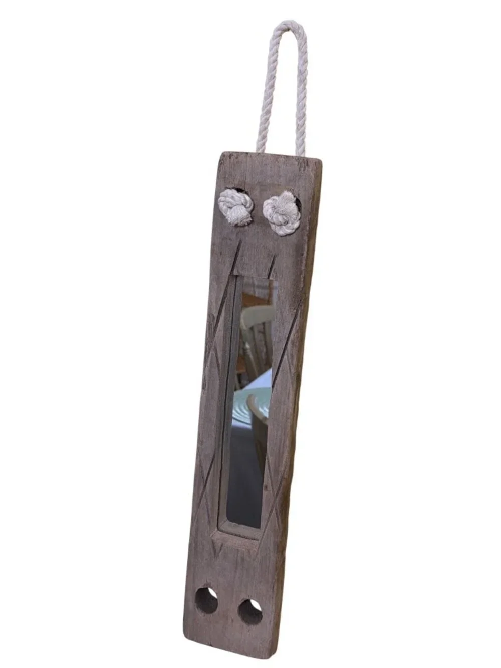 Rustic Wooden Wall Mirror Rope Hanger Carved Nautical Tribal Design Kalalou NEW